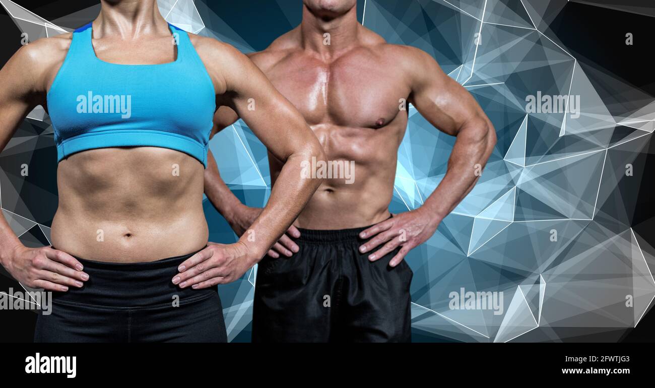 Zusammensetzung von muskulösen Mann und Frau über weiße Struktur auf Schwarzer Hintergrund Stockfoto