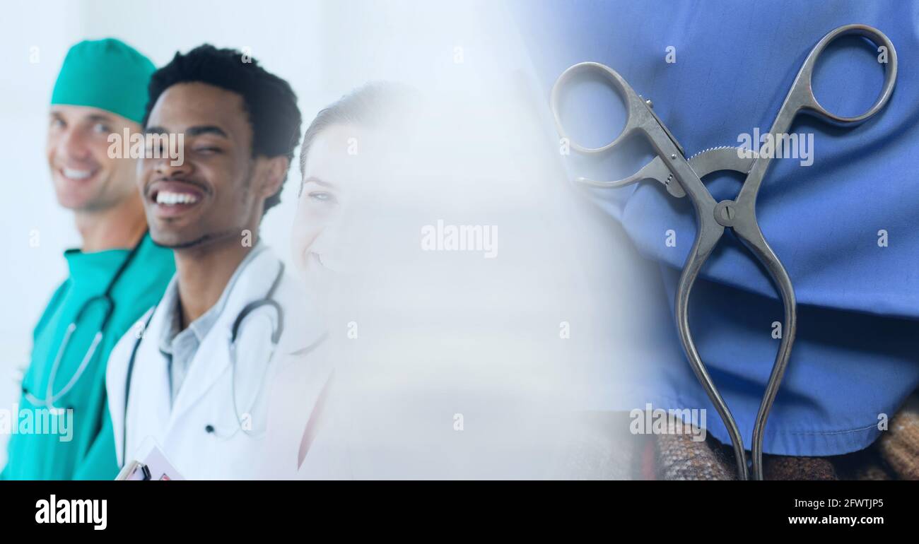 Zusammensetzung von verschiedenen Gruppe von Ärzten und chirurgische Schere mit Bewegungsunschärfe Stockfoto