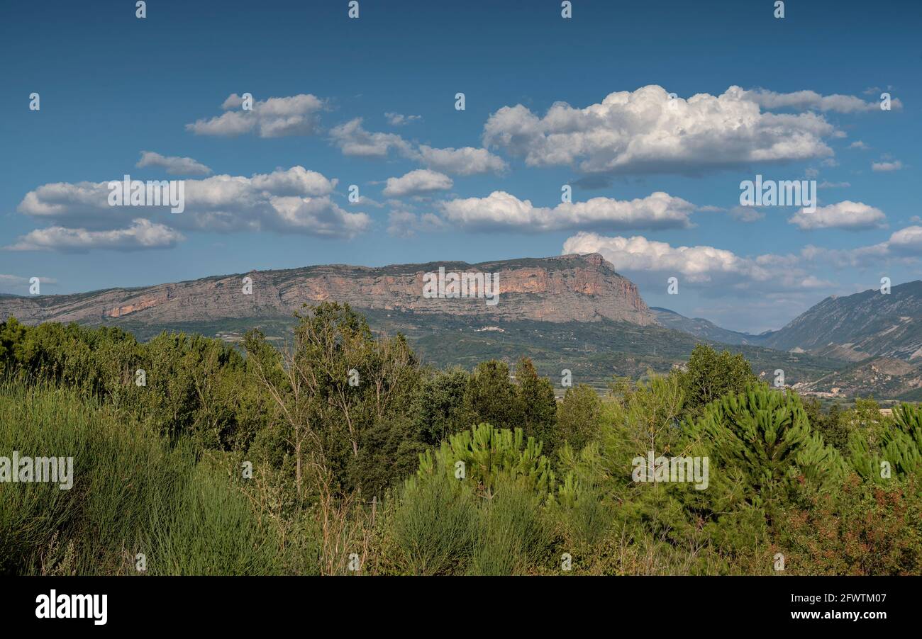 Pessonada Cliffs, in der Region Conca de Tremp, an einem Sommernachmittag (Lleida, Katalonien, Spanien, Pyrenäen) ESP: Acantilados de Pessonada, en Tremp Stockfoto