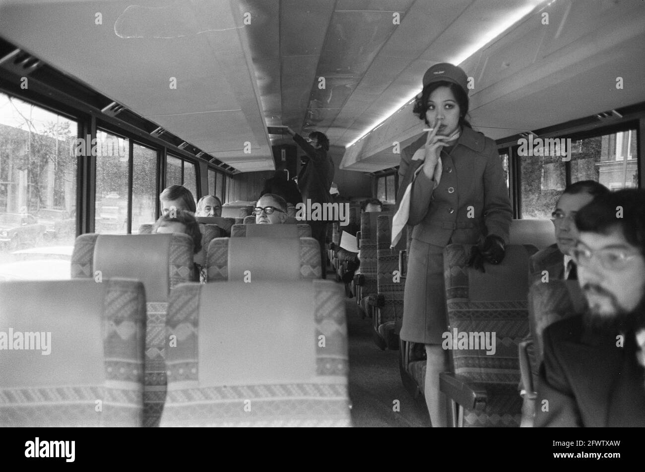 Americruiser, der modernste Bus der Greyhound Corporation in Amsterdam, 17. Oktober 1973, Niederlande, Foto der Presseagentur des 20. Jahrhunderts, News to remember, Dokumentarfilm, historische Fotografie 1945-1990, visuelle Geschichten, Menschliche Geschichte des zwanzigsten Jahrhunderts, Momente in der Zeit festzuhalten Stockfoto