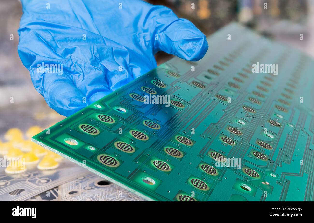 Leiterplatte der zerlegten Computertastatur auf einer menschlichen Hand Detail in blauen Handschuh. Reparaturwerkstätten mit grüner elektronischer Leiterplatte. Trennung von Elektroschrott. Stockfoto