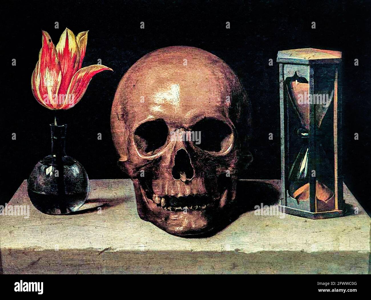 Eine geschnittene Tulpenblume in einer Glasvase mit Wasser, ein menschlicher Schädel, ein Sanduhrstand auf einem steinernen Sockel symbolisieren die Endlichkeit von Leben und Tod. Das b Stockfoto