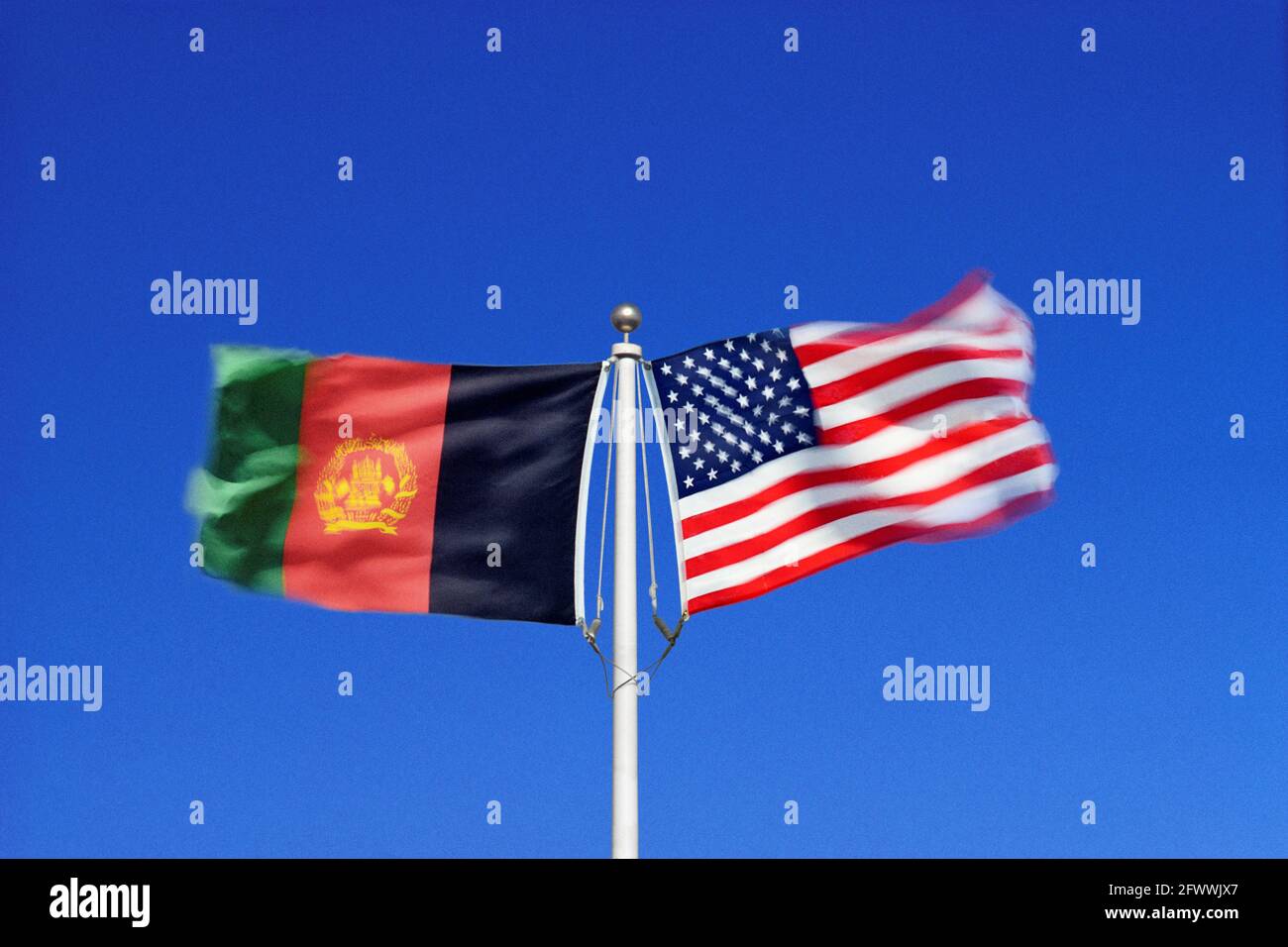 Die afghanischen und amerikanischen Flaggen schwingen in gegensätzlichen Winden an einem einzigen Fahnenmast Seite an Seite. Digitales Composite. Stockfoto