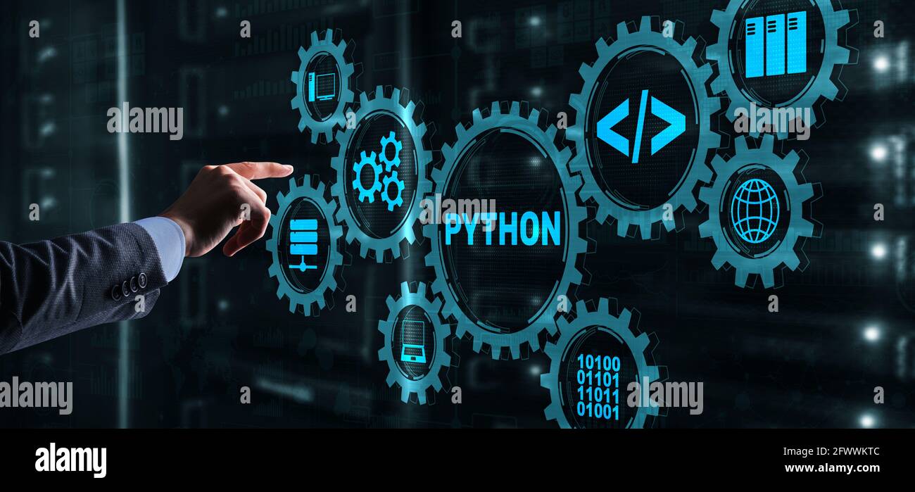 Python Programmiersprache. Programmierung Workflow abstrakten Algorithmus Konzept auf virtuellen Bildschirm. Stockfoto