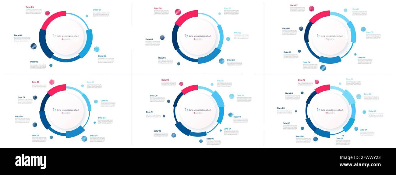 Infografik-Vorlagen für Vektordiagramme in Form eines Kreisdiagramms. 5 6 7 8 9 10 Optionen Stock Vektor