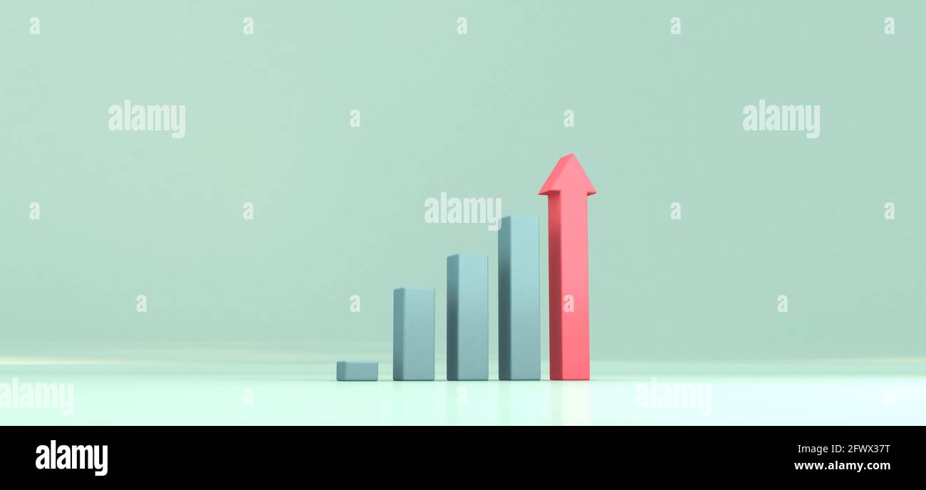Wachsende Balken mit aufsteigendem Pfeil. Aktien, Investitionen, Finanzkonzepte 3d-Illustration. Stockfoto