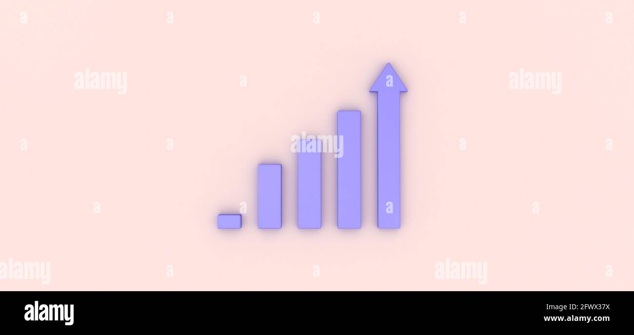 Wachsende Balken mit aufsteigendem Pfeil. Aktien, Investitionen, Finanzkonzepte 3d-Illustration. Stockfoto