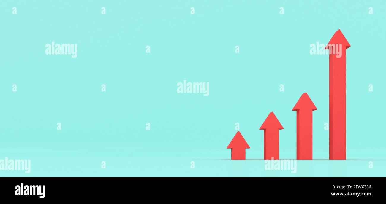 Wachsende Balken mit aufsteigendem Pfeil. Aktien, Investitionen, Finanzkonzepte 3d-Illustration. Stockfoto