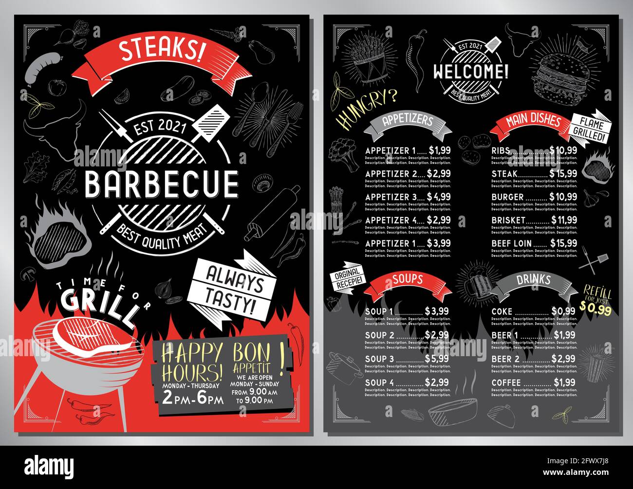 Steakhouse, Grillbar, Menüvorlage - A4-Karte (Steaks, Vorspeisen, Beilagen, Suppen, Getränke) Stock Vektor