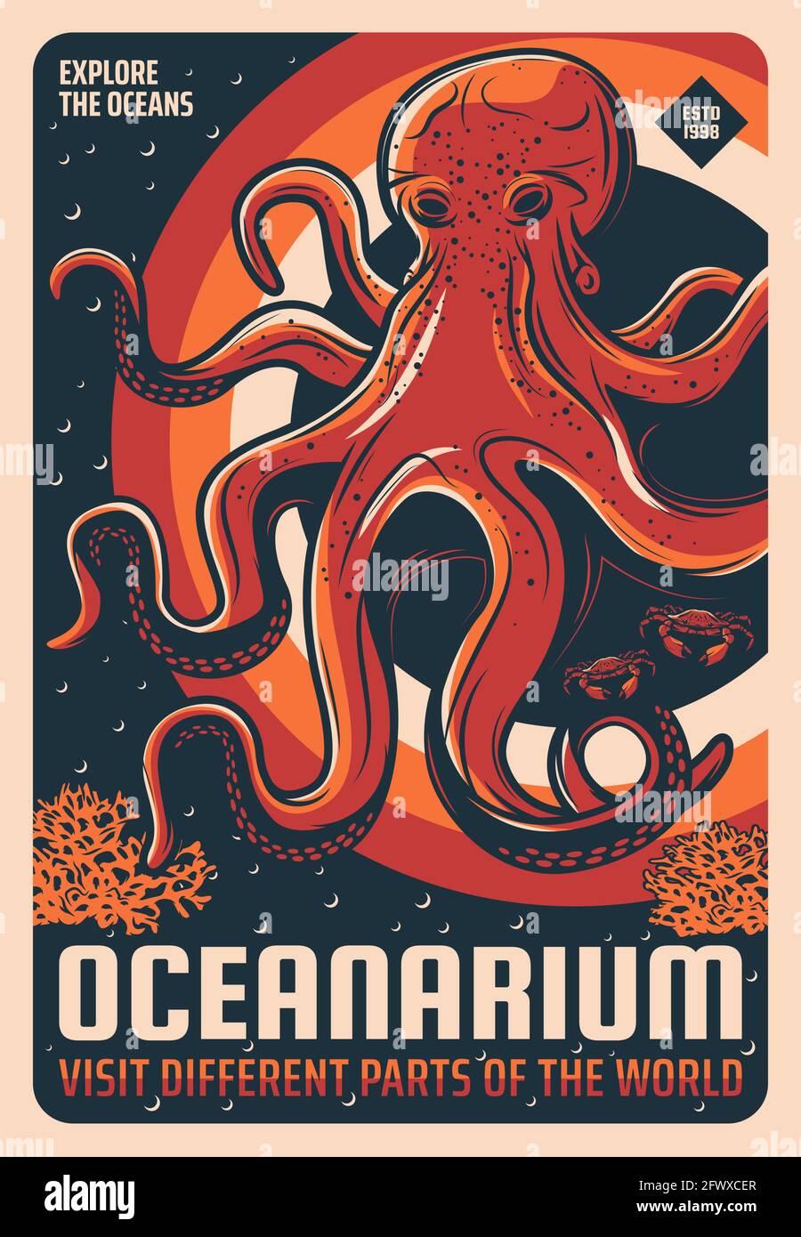 Ozeanarium Aquarium Riesen pazifik Oktopus retro Poster. Skizzenvektor Meereskrake, Steinkrabben und Algen oder Korallenriffe. Meerestiere, tropisch Stock Vektor