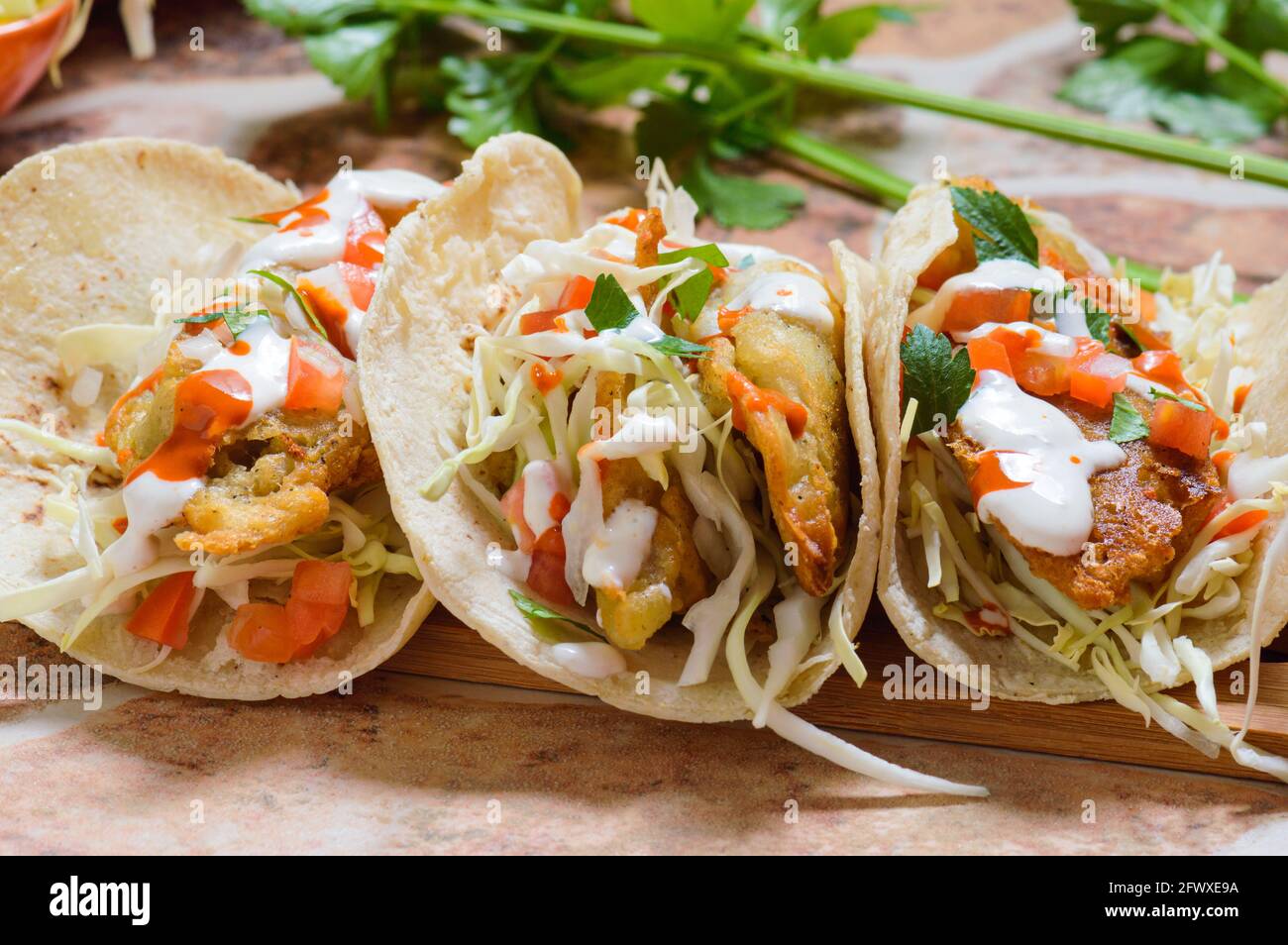 Baja California Style Fischtacos Mit Belag Stockfoto