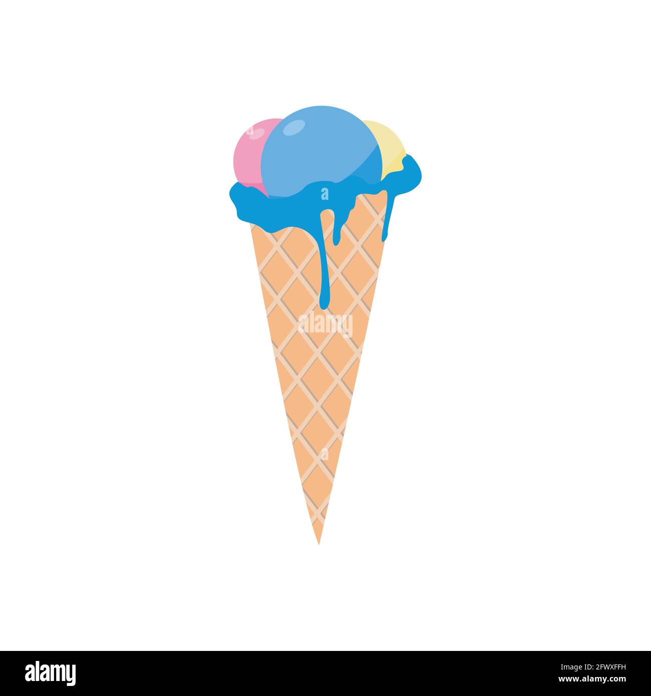 Schmelzendes Eis Vektor-Illustration in flachem Design-Symbol von Waffelkegel mit cremigen Fruchtlöffel isoliert auf weißem Hintergrund Stock Vektor