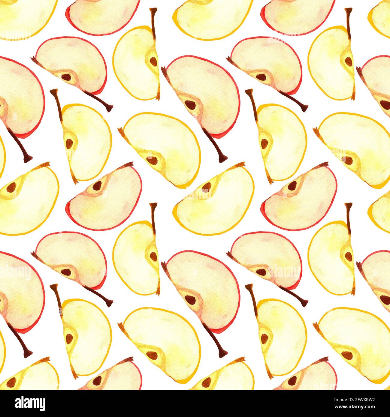 Frisches Apfelmuster. In Scheiben geschnittene Viertel Apfel Aquarell nahtloses Muster. Stockfoto
