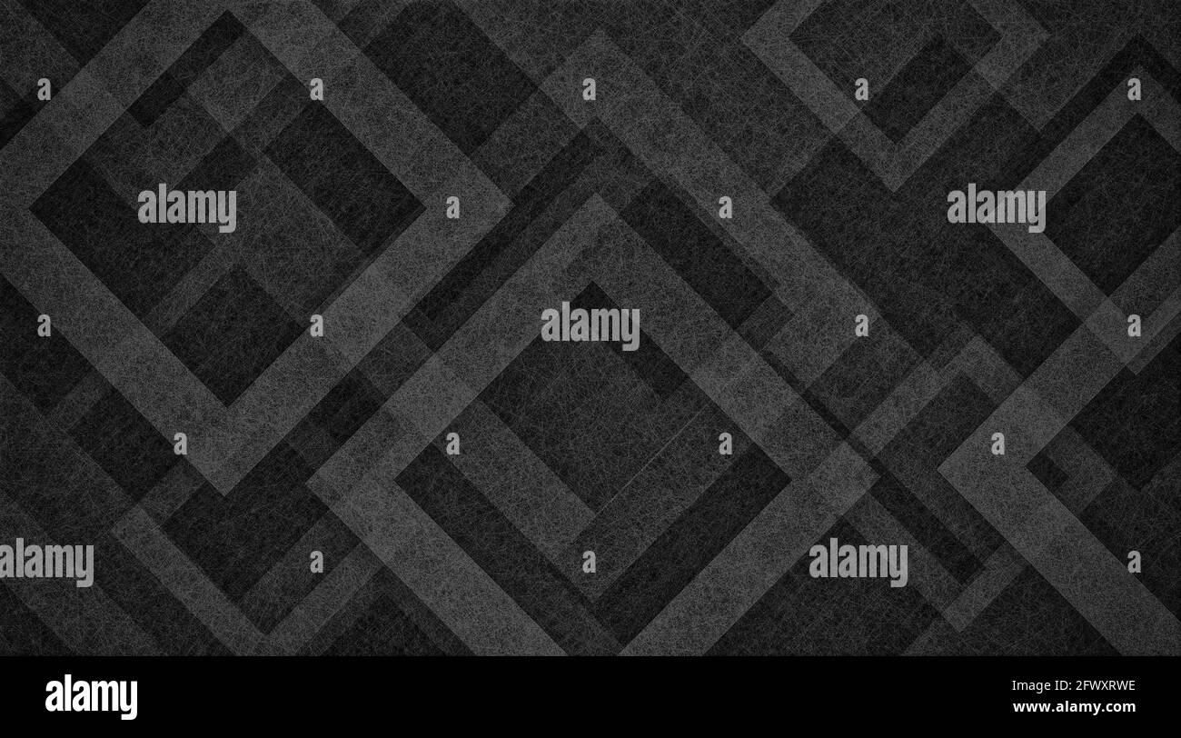 Abstraktes Schwarz-Weiß-Hintergrunddesign mit Rauten- oder quadratischen Formen in geometrischen abstrakten Mustern in weißen transparenten Texturrahmen, Mo Stockfoto