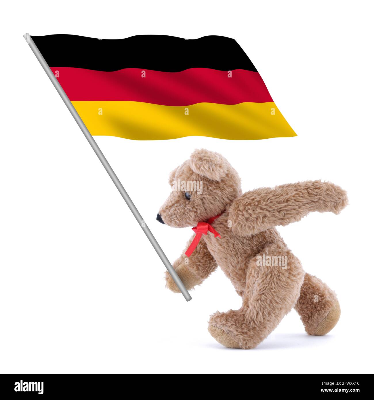 Die deutsche Flagge wird von einem niedlichen Teddybären getragen Stockfoto