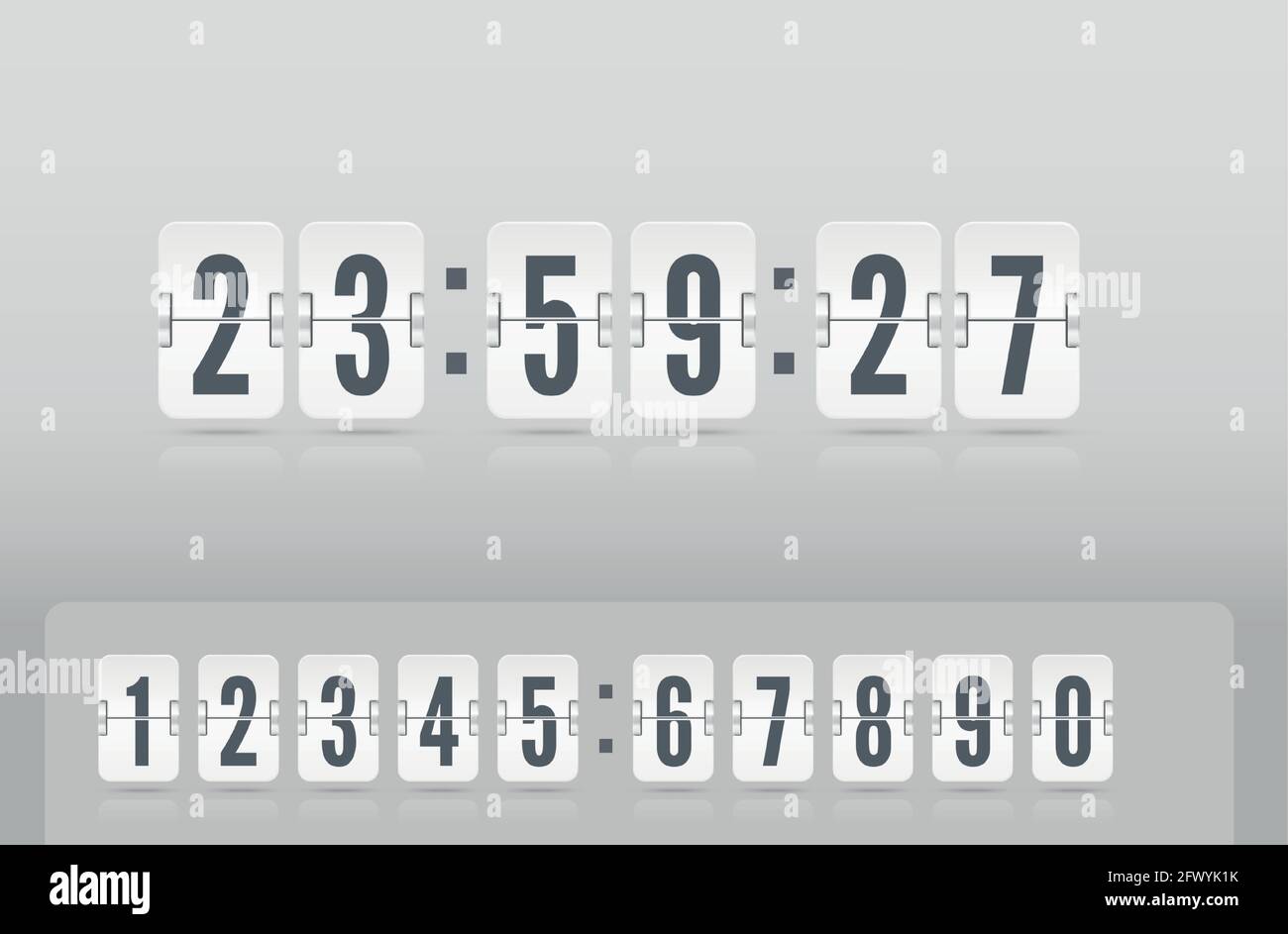 Analoger Countdown-Timer für das Flughafenboard mit Stunden- und  Minutenanzeige. Vintage Flip Clock Zeitzähler Vektor-Vorlage. Weiße  Anzeigetafel mit Zahlen und Reflexionen, die auf hellem Hintergrund  schweben Stock-Vektorgrafik - Alamy
