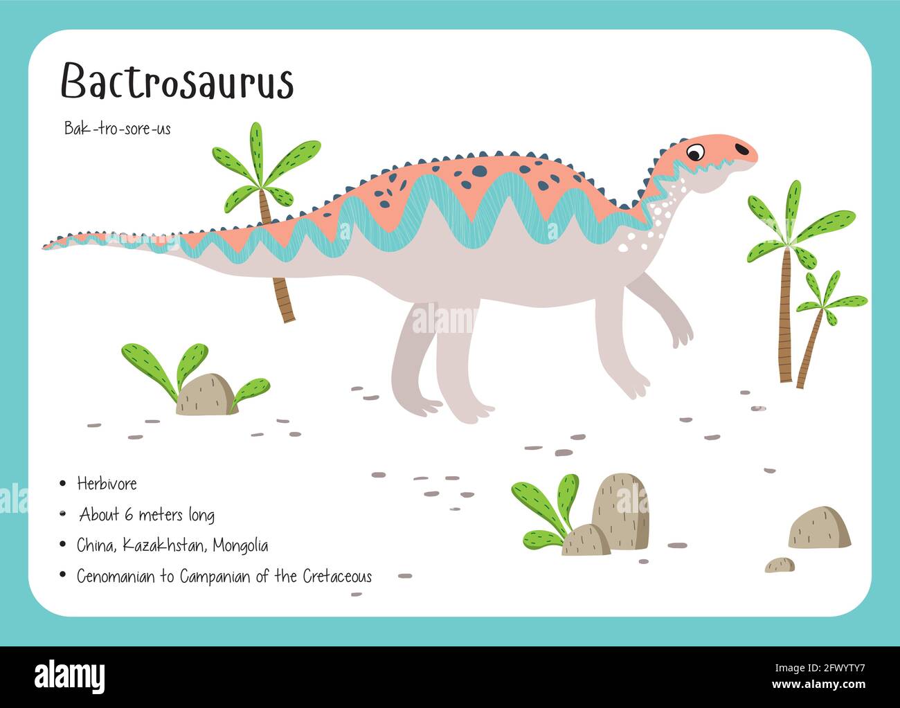 Dinosaur Fact Flash Cards - Dinosauriernamen, die dem englischen Alphabet entsprechen. Niedliche bunte Vektor-Illustration. Herbivore Set. Dinosaurier vegan. Ba Stock Vektor