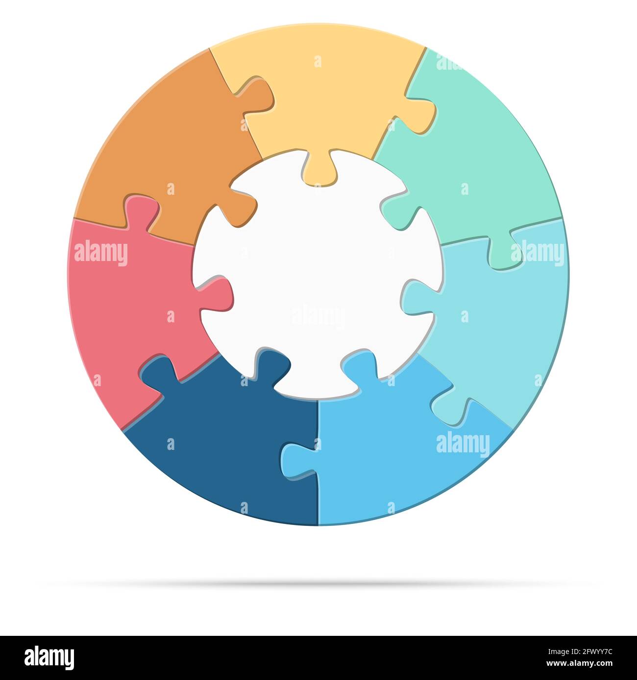 eps-Vektor-Illustration von runden farbigen Puzzle symbolisieren Zusammenarbeit oder Teamwork-Prozess mit weißer Basis, sieben Optionen Idee Stock Vektor