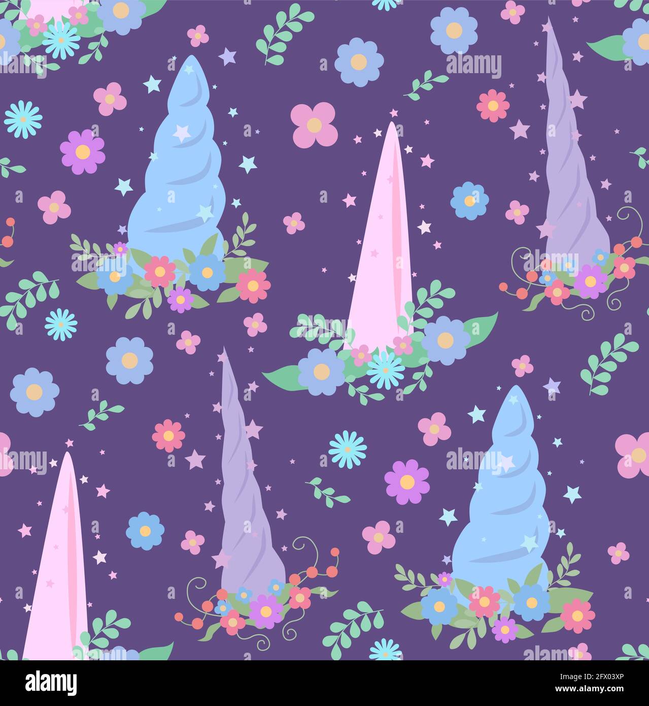 Nahtloses Kindermuster mit bunten Einhorn-Hörnern mit Blumenkranz und Sternen Funken auf violettem Hintergrund. Regenbogendekoration. Vektor-Carto Stock Vektor