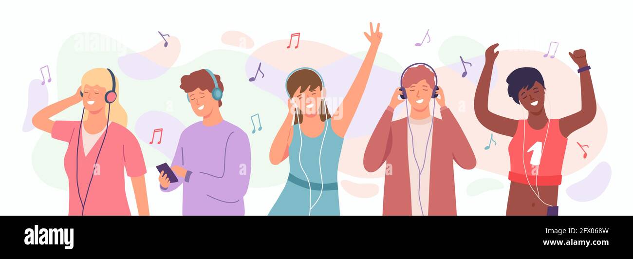 Die Menschen genießen Musik. Mann und Frau tanzen in Kopfhörern. Fröhliche Teenager hören Lieder auf dem Handy. Radio Musik Podcast Cartoon Vektor Konzept Stock Vektor