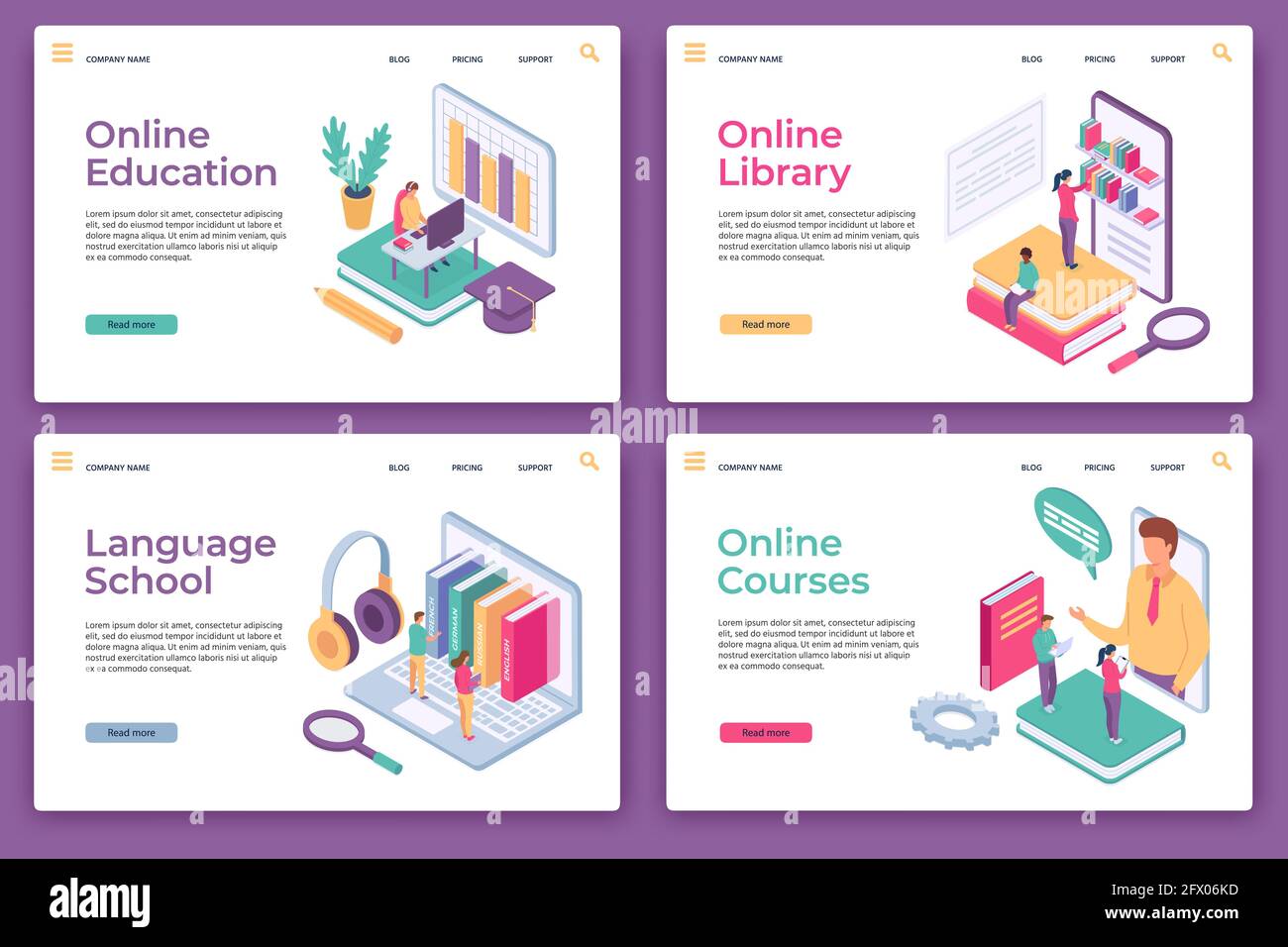 Zielseiten für Online-Schulungen. Isometrisches Fernlernen, Heimstudium, Webbibliothek, Sprachschule und Kurse, Vektorset für Webseiten Stock Vektor