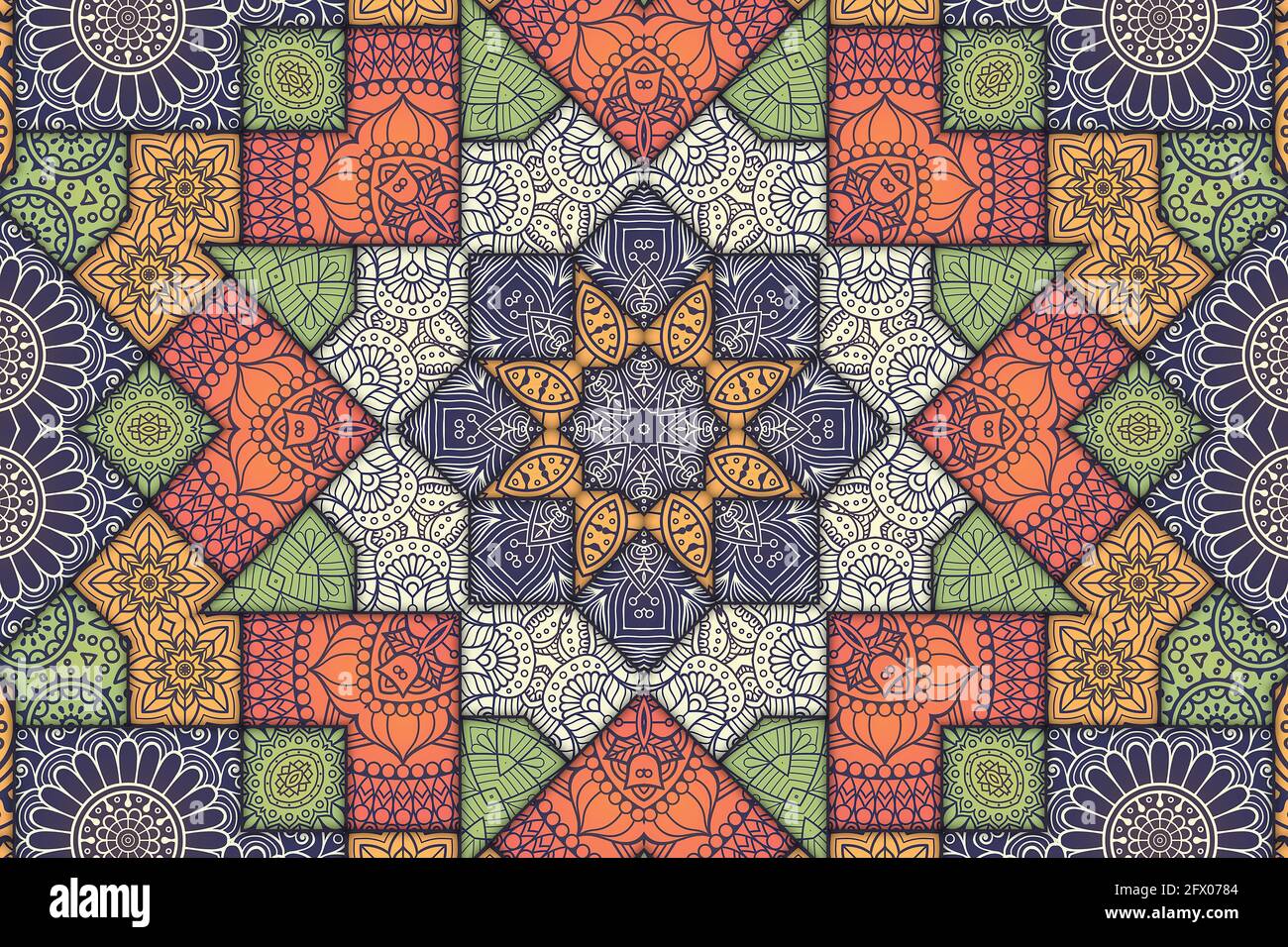 Mandala Fliesenmuster florales Muster, geometrisches Bild von bemalten Fliesen, marokkanischen Stil arabischen Muster. Boden- und Wanddekoration. Bunt Bemalte Zinn Stockfoto