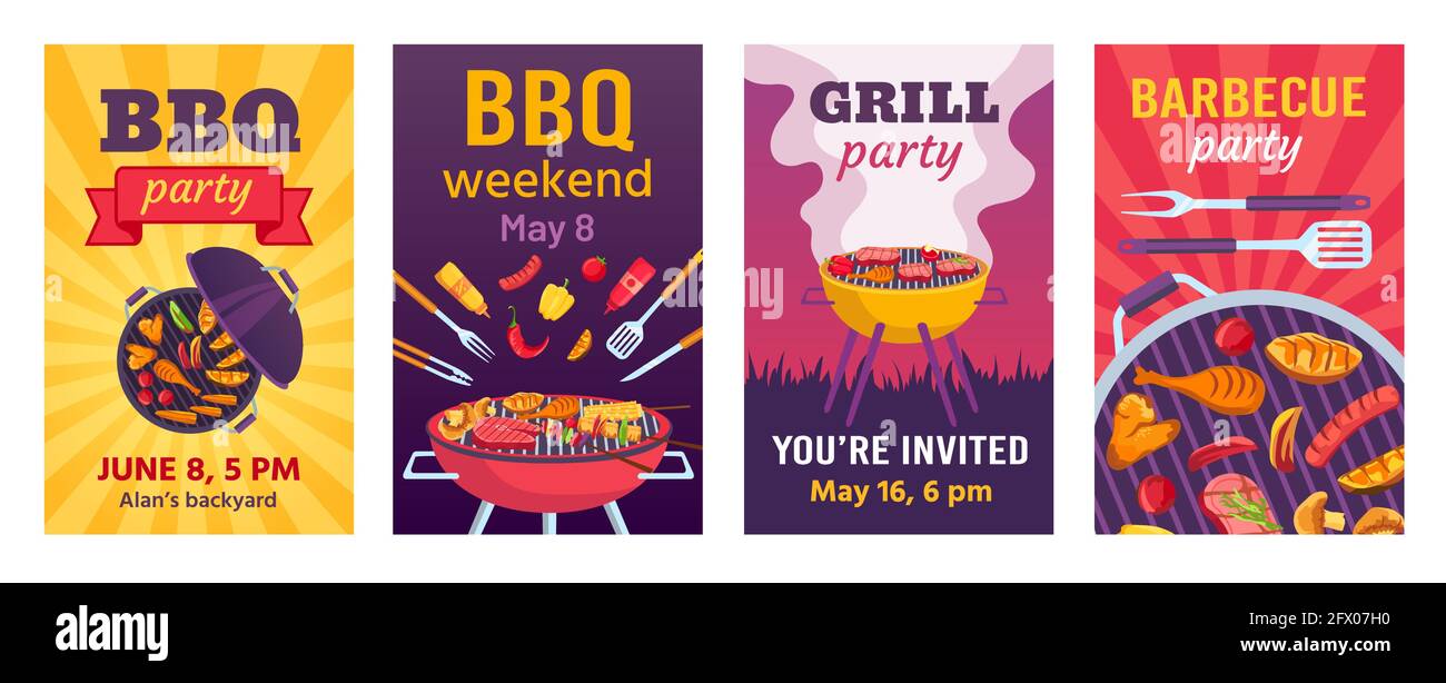 Grillposter. BBQ Party Einladungen für Sommer Picknick im Park oder Hinterhof mit Essen auf dem Grill. Vektorset für Veranstaltungsflyer zum Kochen Stock Vektor