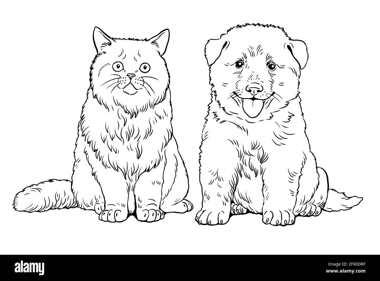 Freunde Welpen und Kätzchen. Niedliche Hunde Welpen. Farbvorlage. Digitale Illustration. Stockfoto
