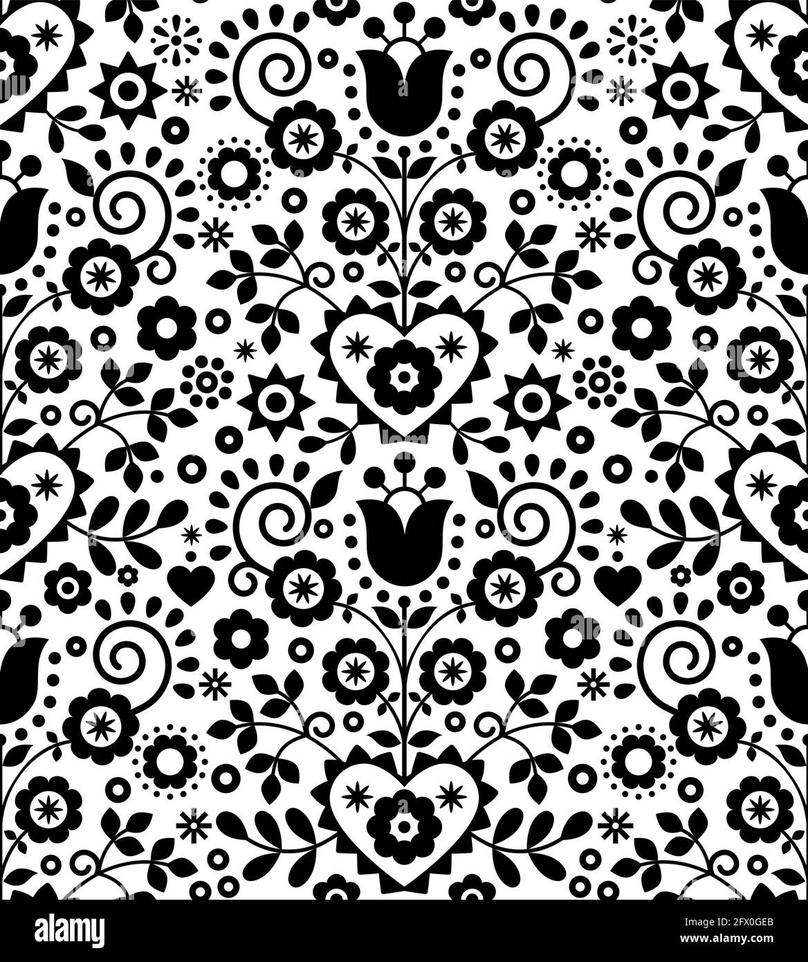 Polish traditionellen Vektor nahtlose Muster mit Blumen und Herzen inspiriert Durch Volkskunst Stickerei Lachy Sadeckie - schwarz und weiß Textil oder Stoff Stock Vektor