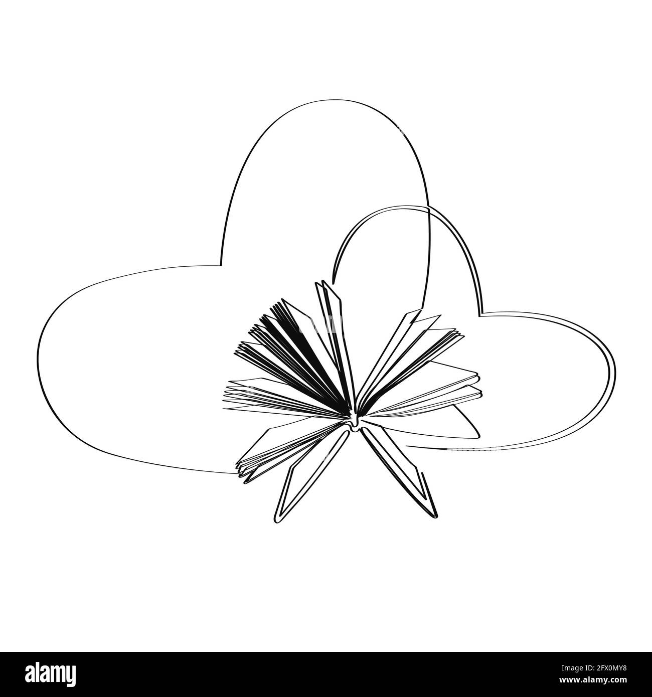 Öffnet das Buch der Liebe. Mit einer durchgehenden Linie gezeichnet. Auf weißem Hintergrund isolierte Vektorgrafik. Stock Vektor