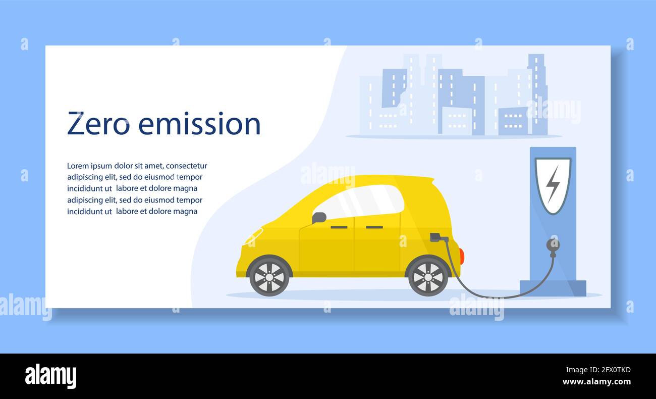 Vektor-Illustration Elektroauto. Grüne Energie. Neue Umwelttechnologien für den Verkehr. UMWELTFREUNDLICH. Ökologie. Umweltschutz. Emissionsfrei. Einfach m Stock Vektor