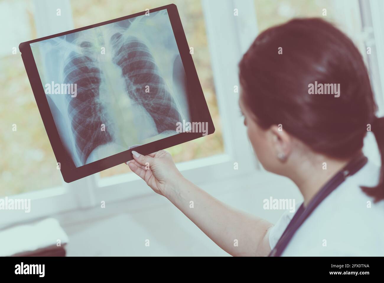 Ärztin untersucht Röntgen-Bericht Stockfoto