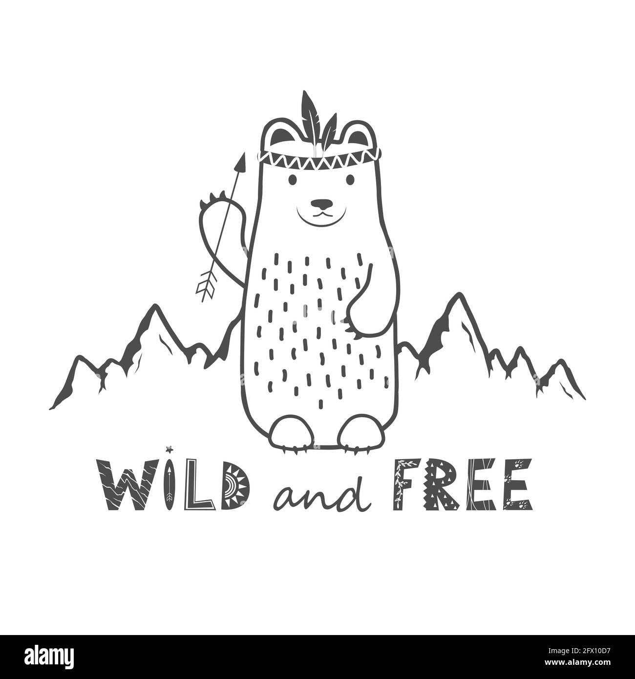 Cute Bear auf den Bergen Hintergrund und Wild und Free Phrase. Vektorkarte mit Schriftzug im skandinavischen Stil. Tribal-Tiermuster im Cartoon-Design Stock Vektor