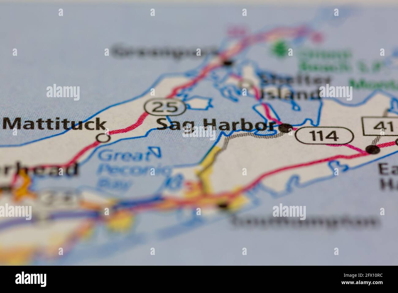 Sag Harbor New York USA auf einer Geografie- oder Straßenkarte angezeigt Stockfoto