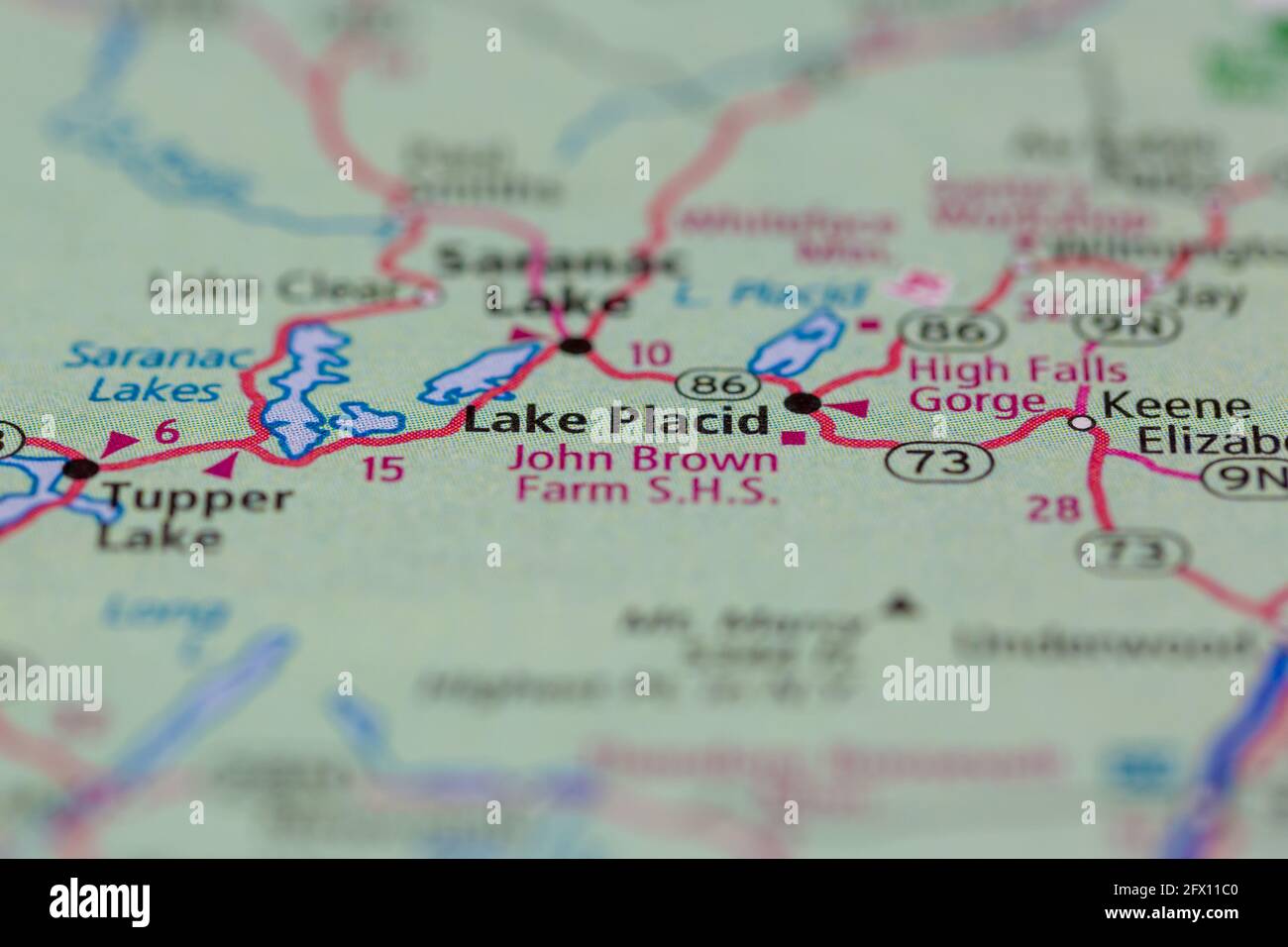 Lake Placid New York USA auf einer Geografie- oder Straßenkarte angezeigt Stockfoto