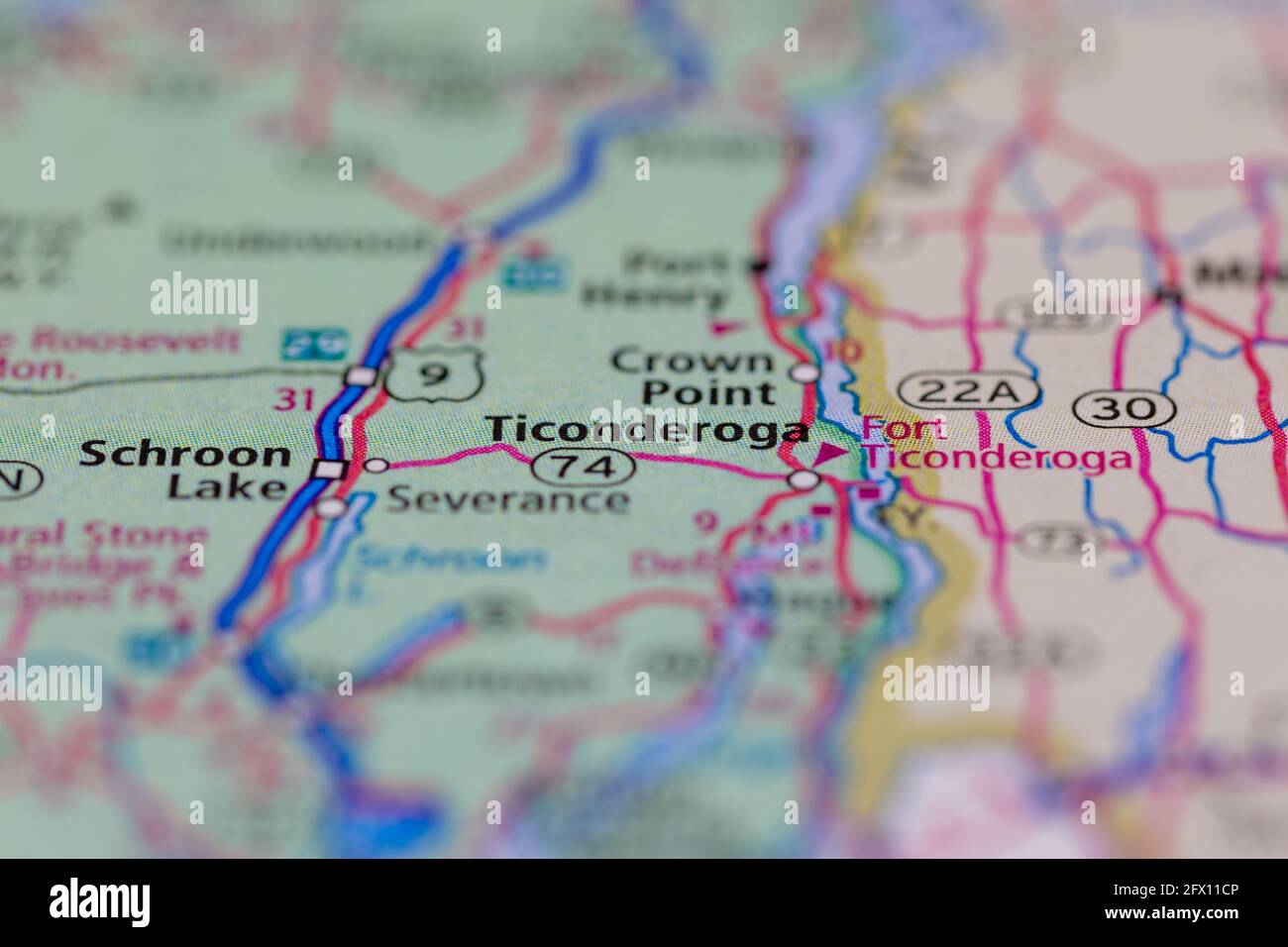 Ticonderoga New York USA auf einer Geographie- oder Straßenkarte angezeigt Stockfoto