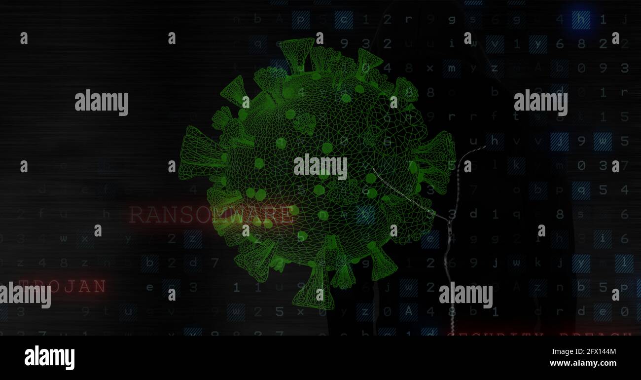 Zusammensetzung der grünen covid-Zelle und Ransomware-Trojaner-Sicherheitsnachricht Auf schwarzem Computerbildschirm Stockfoto