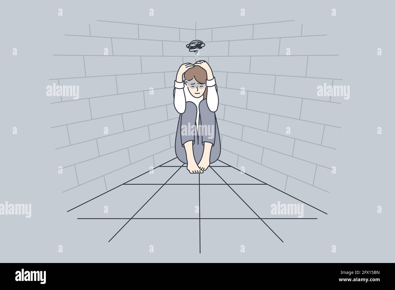 Depression, schlechte Gedanken, Trauer Konzept. Junge traurige Frau Zeichentrickfigur auf dem Boden sitzend berühren Kopf leiden Depression Gefühl nach unten Vektor-Illustration Stock Vektor