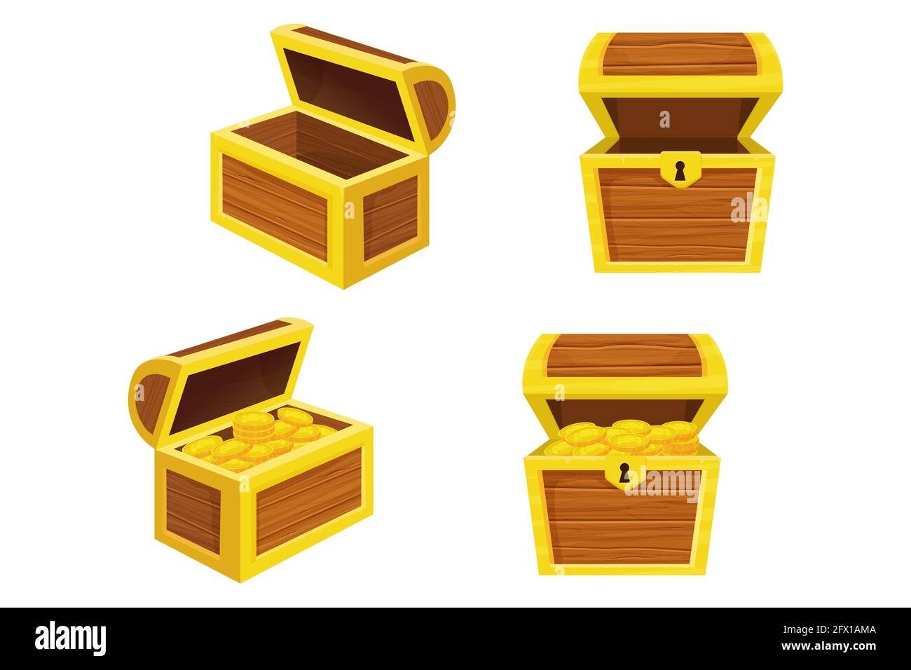 Set von Holzkisten leer und mit goldenen Piratenmünzen in Cartoon-Stil isoliert auf weißem Hintergrund. UI-Spielelemente. Retro Schatzkiste, Trophäe concep Stock Vektor