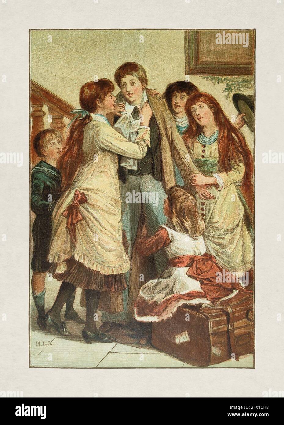 Illustration eines jungen Erwachsenen, der zu den Feiertagen nach Hause kommt, von Mary S. Gow, veröffentlicht am 1. November 1885 in der Monatszeitschrift 'Paris illustré'. Stockfoto
