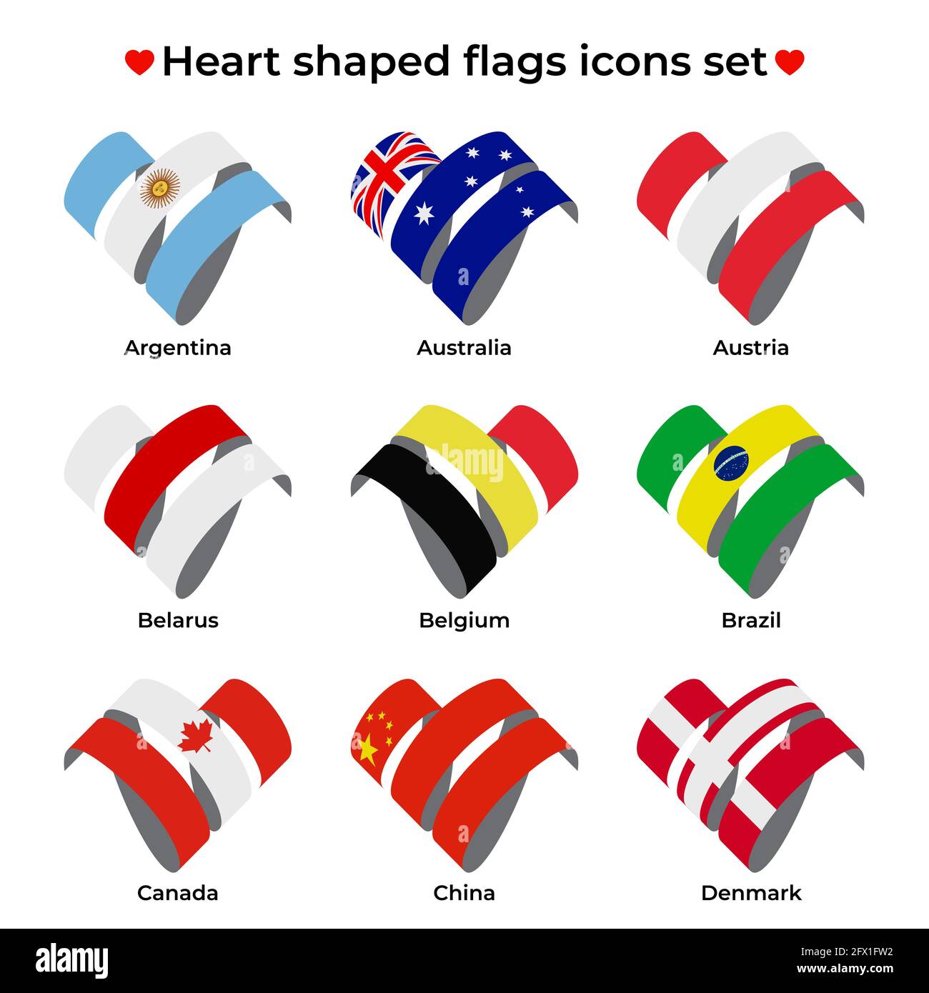 Symbole für herzförmige Flaggen gesetzt. Symbol-Flag von Ribbon Locken. Vektorsymbol, Symbol, Schaltfläche. Abbildung in flacher Ausführung Stock Vektor
