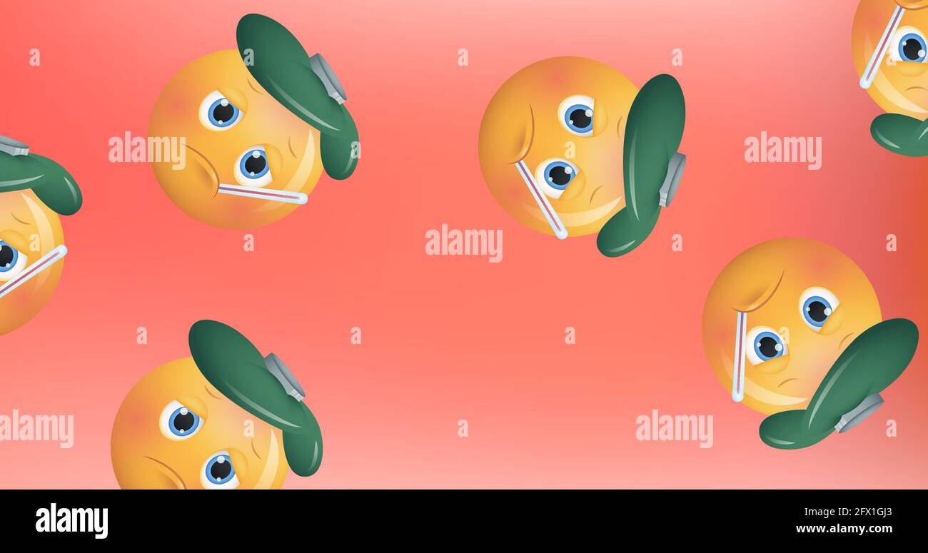 Komposition von kranken Emoji-Symbolen mit Thermometer auf rotem Hintergrund Stockfoto