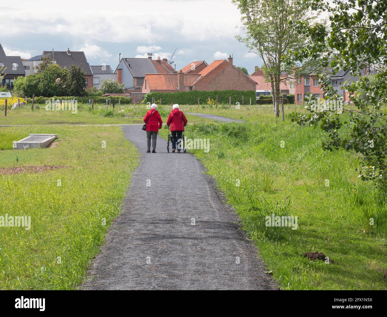 Zwei alte Damen mit weißem Haar und einer roten Weste Gehen Sie mit einem Wanderer auf einer Landstraße Stockfoto