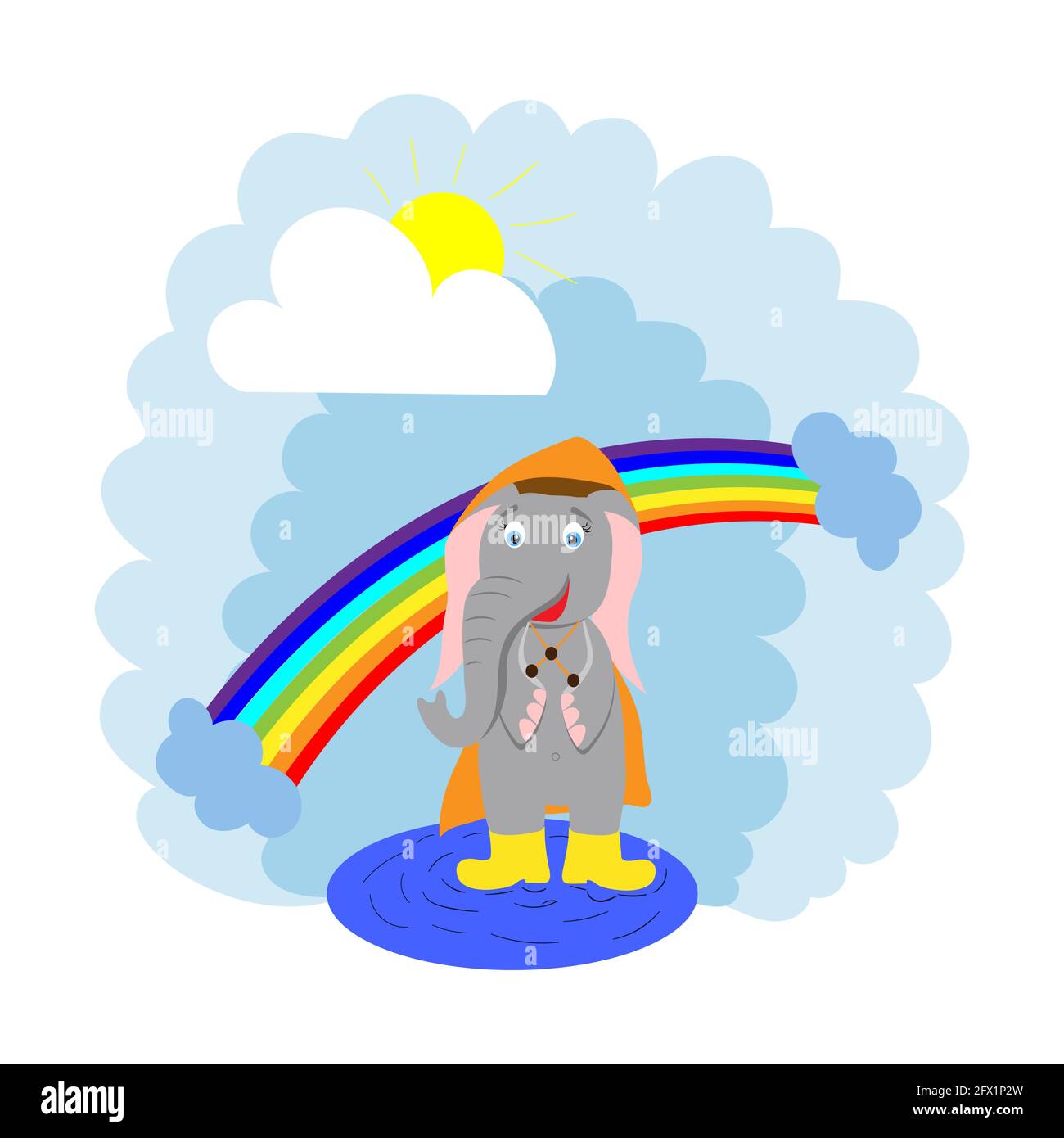 Niedlich, glücklich Cartoon Elefant in einem Regenmantel stehen in einer Pfütze in Stiefeln, Regenbogen. vektor-flache Illustration Stock Vektor