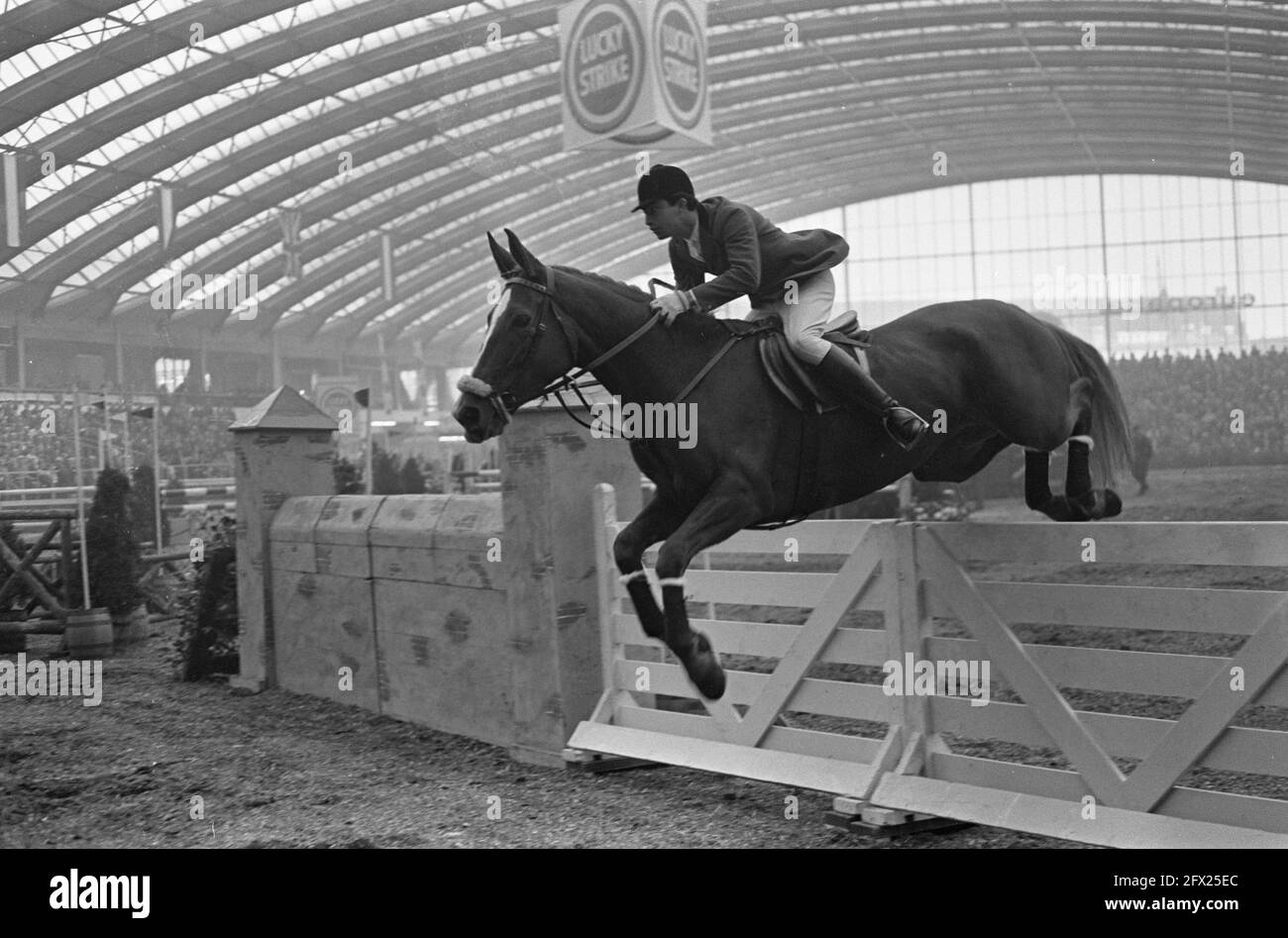 Concours Hippique im RAI-Gebäude. Der Gewinner des Hauptpreises S. Hayes mit Auf Wiedersehen aus Irland nimmt Hürde, 3. November 1963, Concours, Niederlande, 20. Jahrhundert Presseagentur Foto, Nachrichten zu erinnern, Dokumentarfilm, historische Fotografie 1945-1990, visuelle Geschichten, Menschliche Geschichte des zwanzigsten Jahrhunderts, Momente in der Zeit festzuhalten Stockfoto