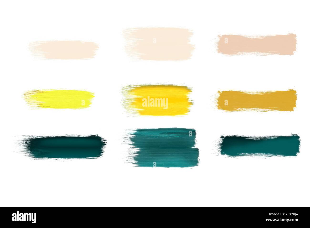 Abstrakte Pinselstriche in Trending 2021 Farben auf weiß, kreative Illustration, Mode-Hintergrund.. Stockfoto