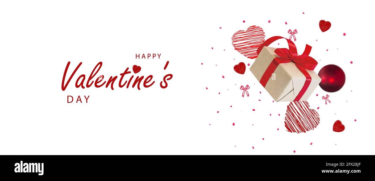 Alles Liebe zum Valentinstag. Horizontales Banner, Kopfzeilenvorlage für die Website. Romantisch. Designelemente, Geschenkbox. Herzen mit funkelnden Confett bestreut Stockfoto