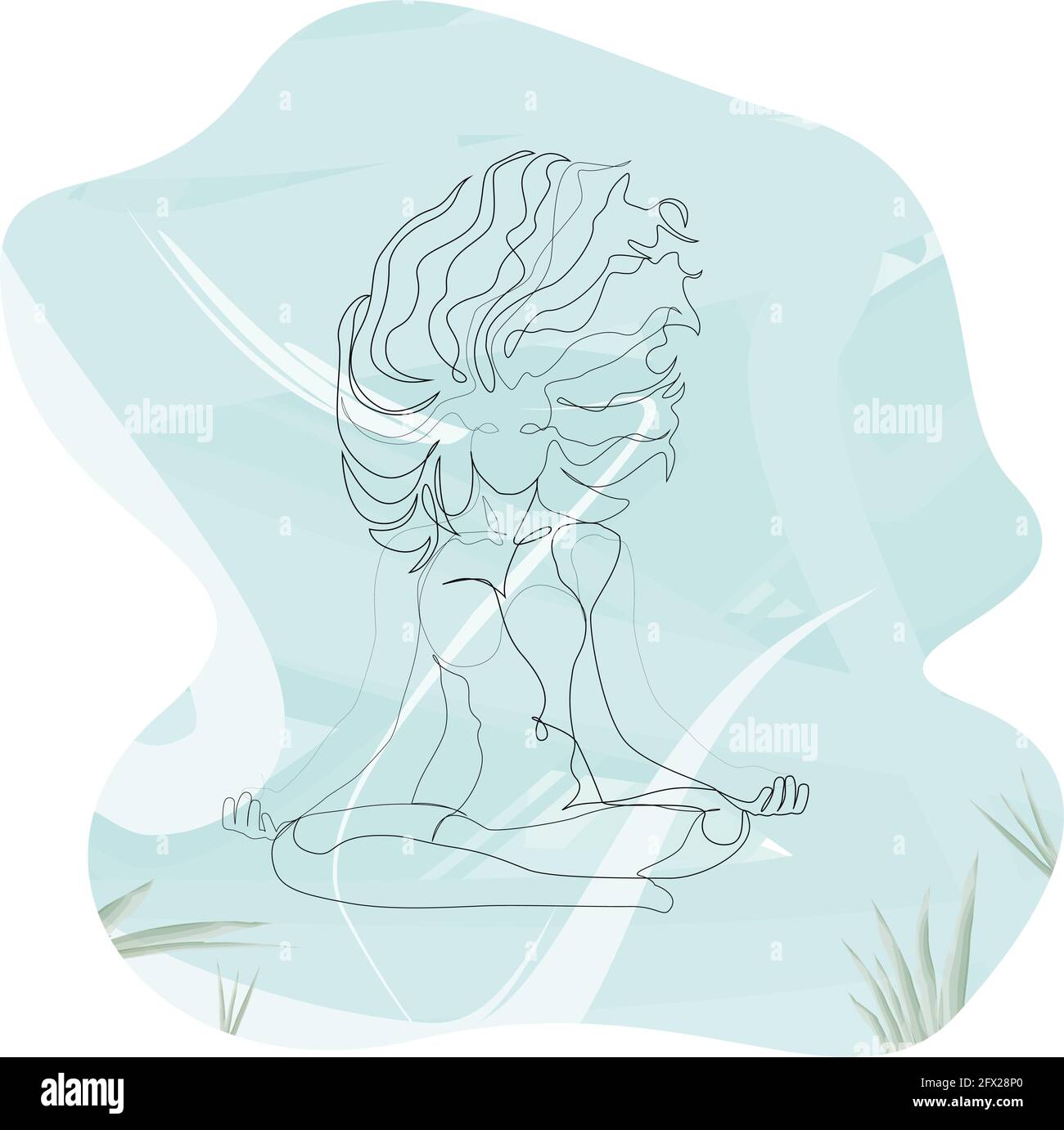 Frau mit windigen Haaren macht Yoga Lotus Übung kontinuierlich eine Zeile. Vektor Unterwasser Illustration Minimalismus Stil EPS 10 Stock Vektor