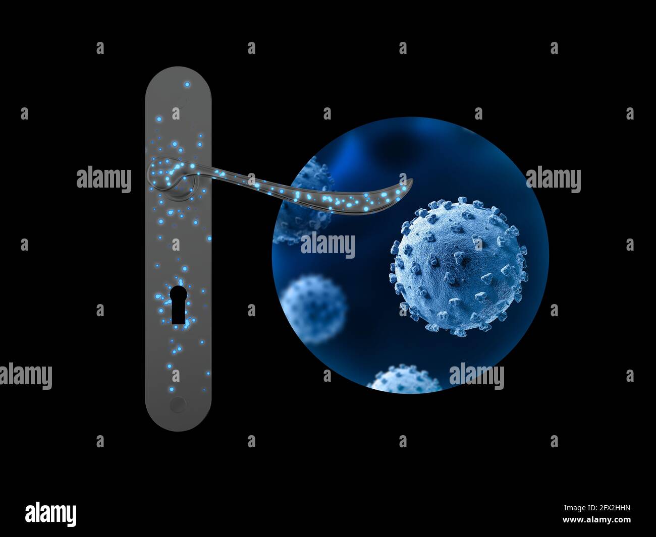 Türgriff. Viren verbreiten sich von der Oberfläche auf den Menschen. 3d-Illustration. Covid-19. Coronavirus. Stockfoto