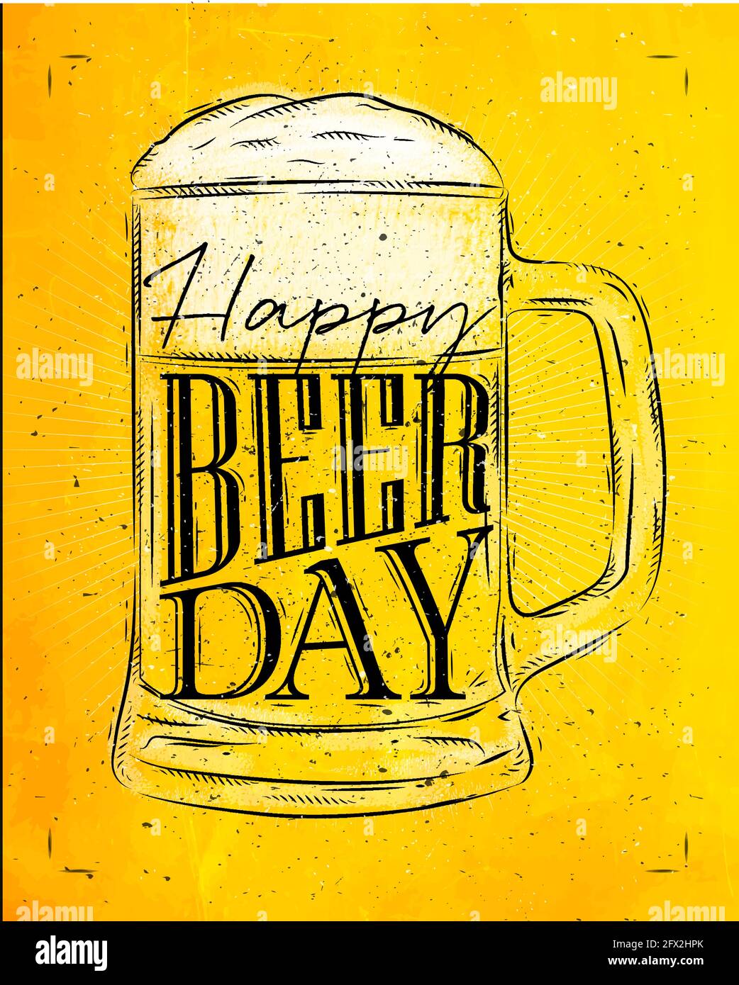 Poster Bierglas Schriftzug Happy Beer Day Zeichnung im Vintage Stil mit  Kohle auf gelbem Papier Hintergrund Stock-Vektorgrafik - Alamy
